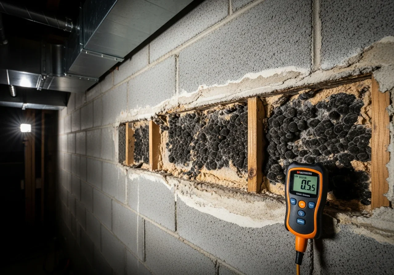 Hidden mold colonies covering CBS concrete block wall behind removed drywall in a Tamarac FL home showing dark colonization on block surface