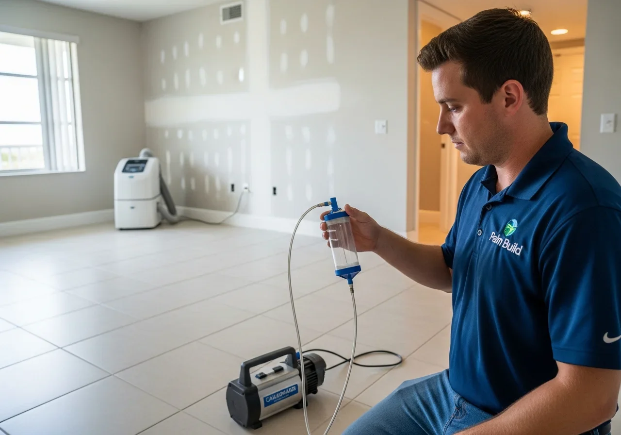 Post-remediation air quality testing being performed inside a Tamarac FL condo to verify successful mold remediation clearance