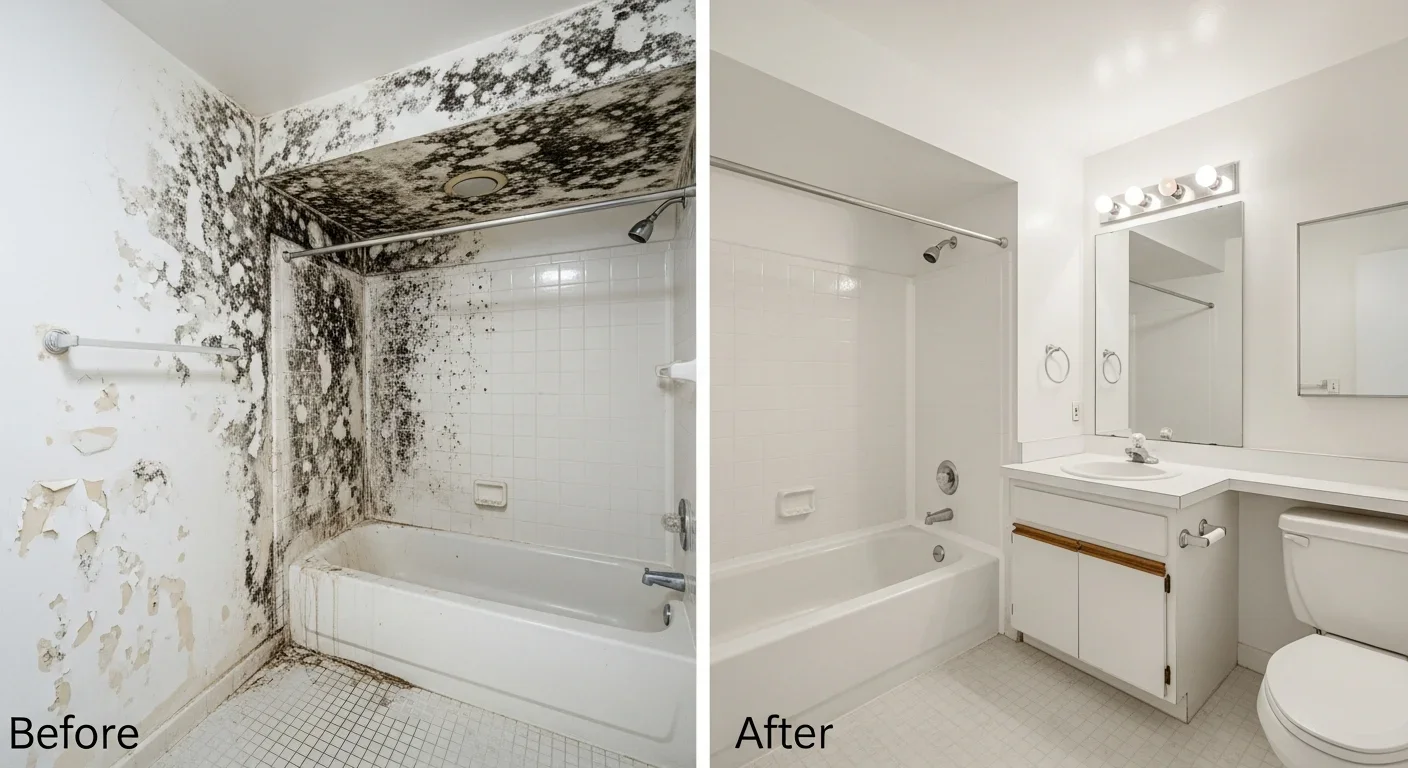 Before and after mold remediation in a Tamarac FL condo bathroom showing complete transformation from mold-damaged walls to restored finish