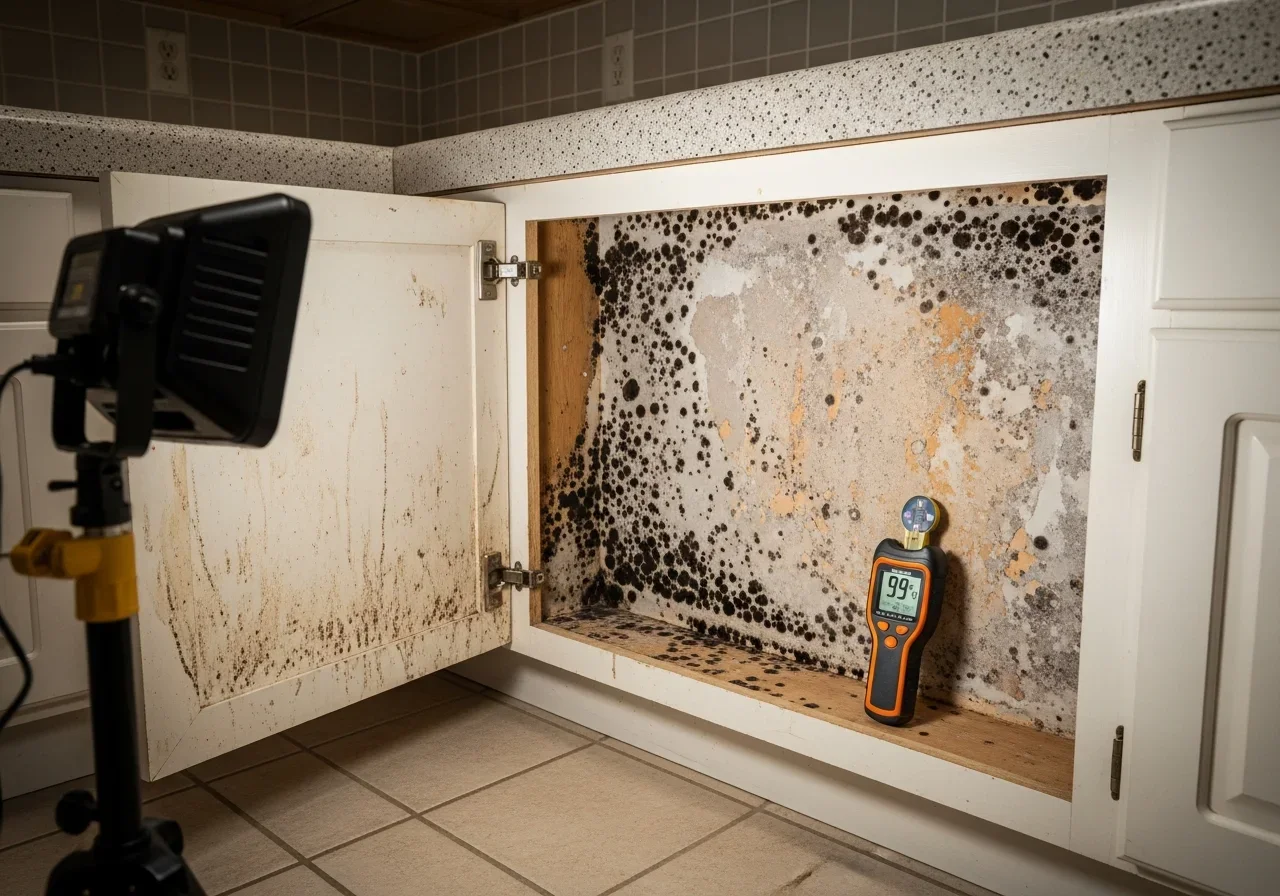 Mold discovered behind kitchen cabinets on CBS stucco wall in a Tamarac FL home showing hidden colony growth on block surface