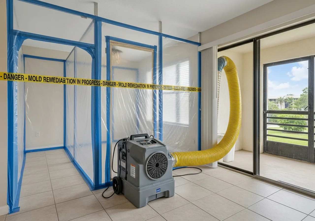 Palm Build mold remediation containment setup with HEPA air filtration inside a Tamarac Florida condo unit