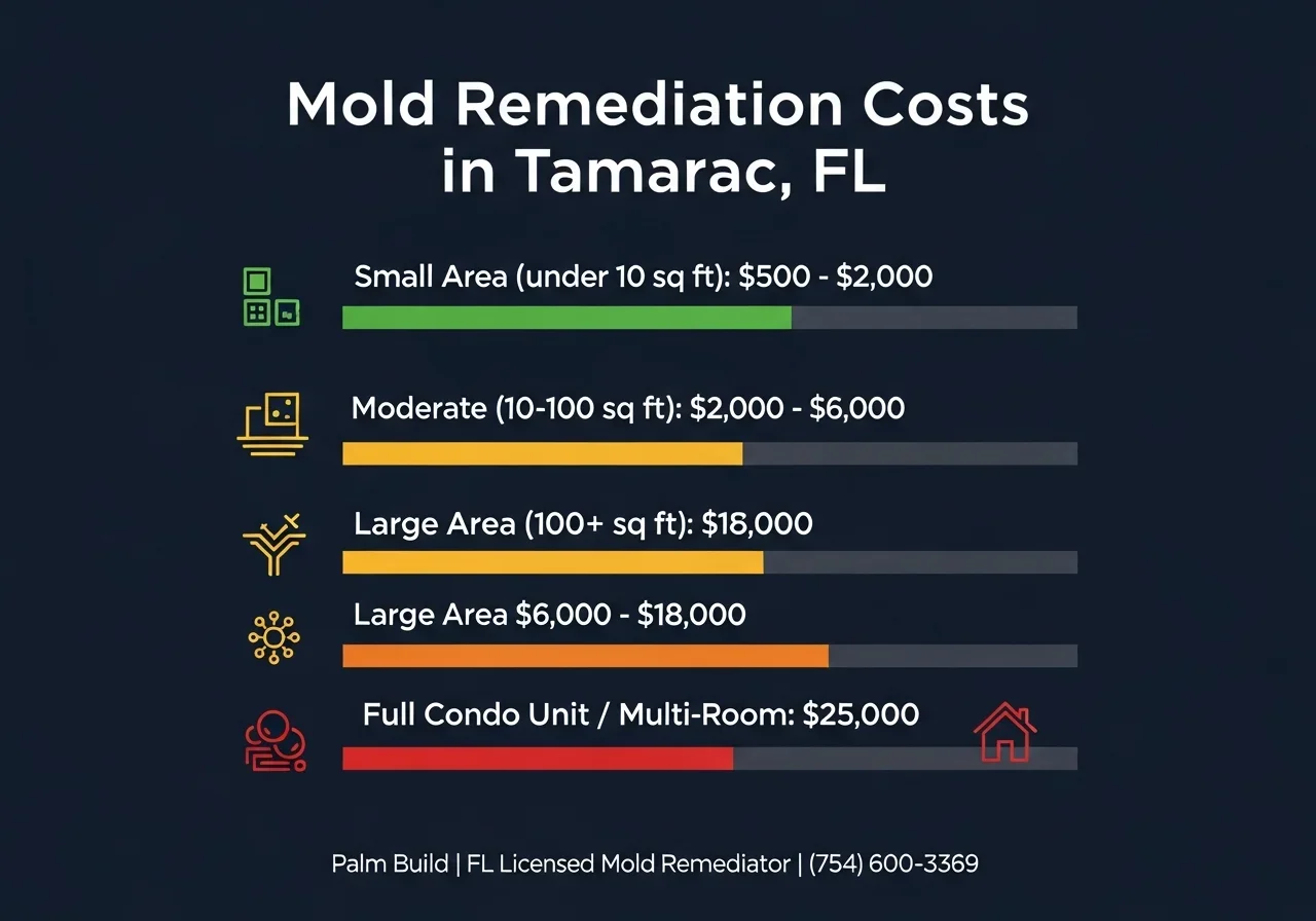 Infographic showing mold remediation cost ranges in Tamarac FL from small area to full condo unit projects