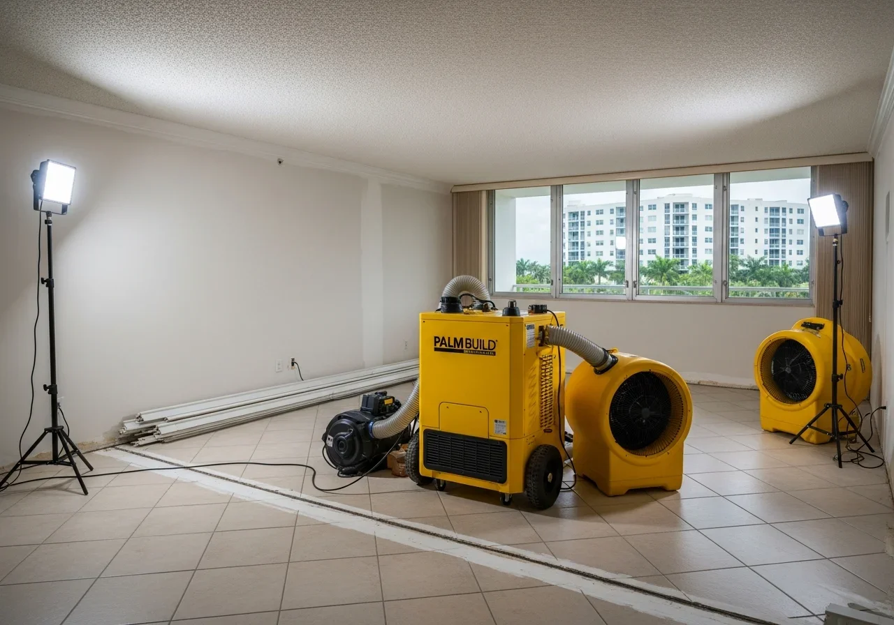 Palm Build commercial drying equipment setup in a Kings Point Tamarac Florida condominium unit showing professional dehumidifiers and air movers