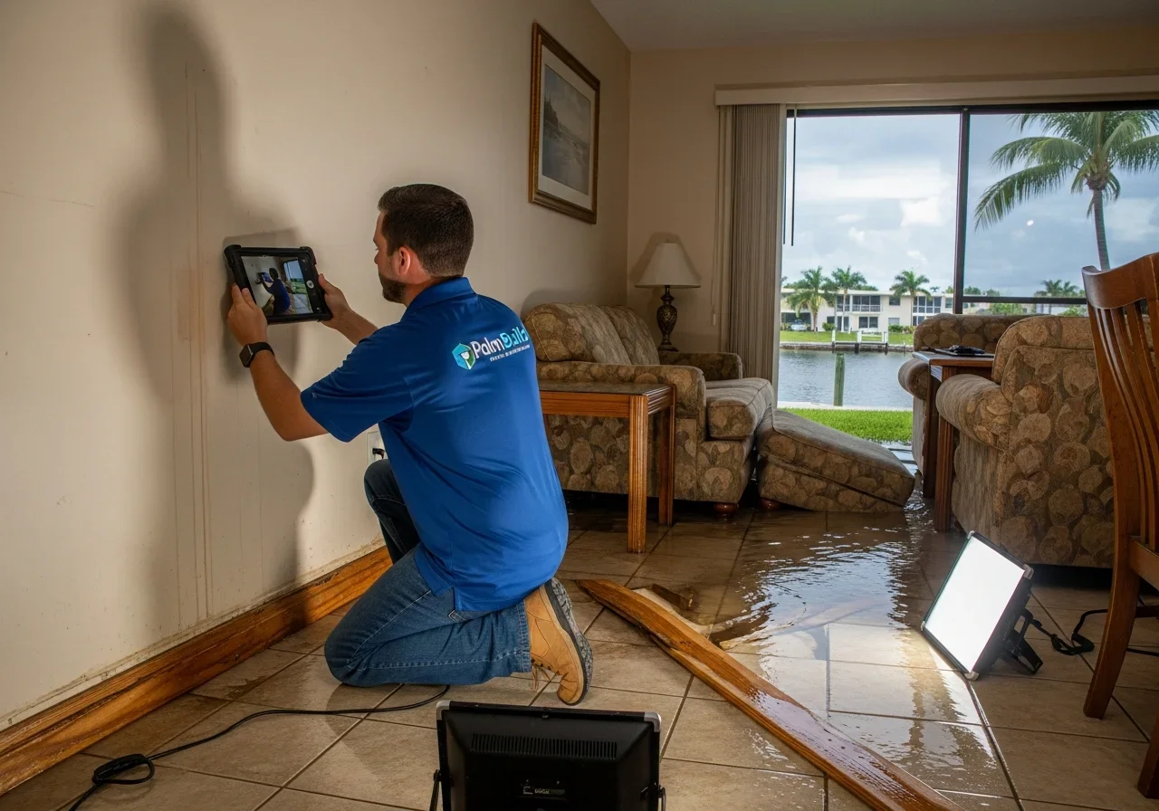 Palm Build project manager reviewing mold insurance claim documentation with a Tamarac Florida homeowner