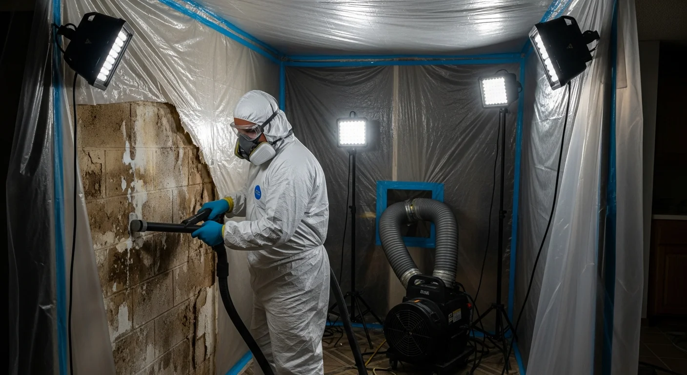 Palm Build mold remediation technician in full PPE inside containment zone with HEPA vacuum treating mold on CBS wall in a Tamarac FL condo