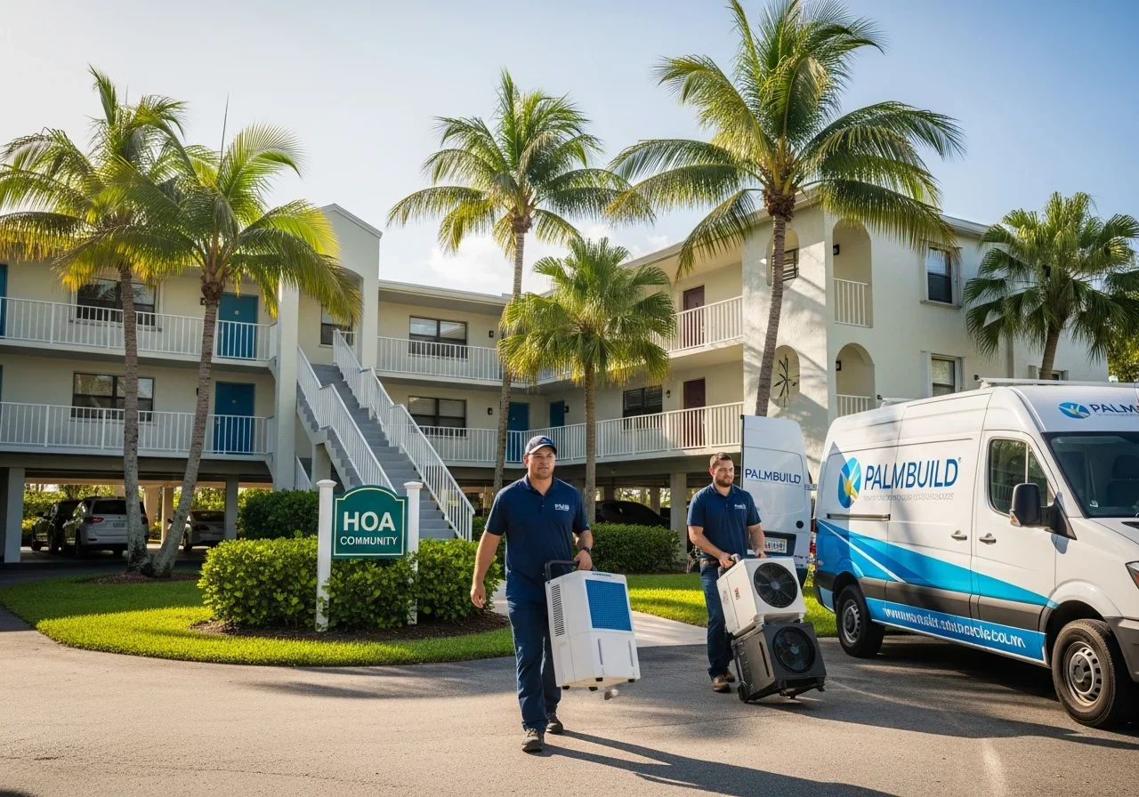 Palm Build restoration team arriving at a Tamarac Florida condo community with professional mold remediation equipment