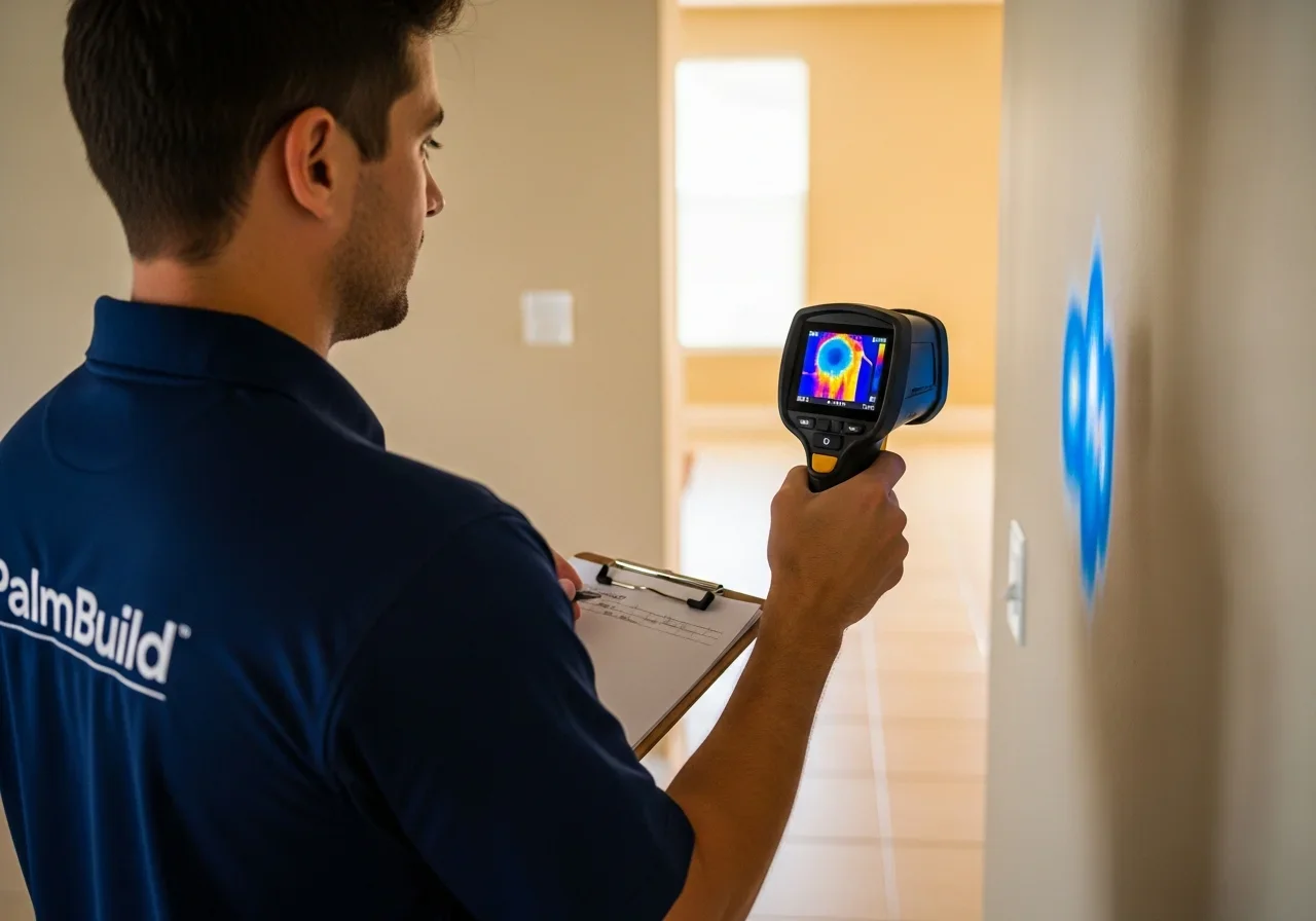 Palm Build technician using thermal imaging camera for moisture detection in a Tamarac Florida condo shared wall