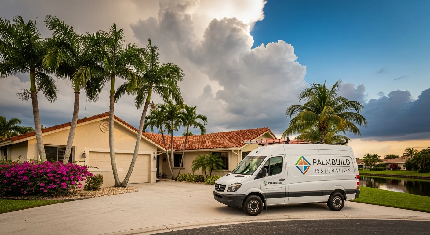 Palm Build restoration van at a single-story CBS stucco home in Tamarac, Florida with barrel tile roof, canal, and tropical landscaping