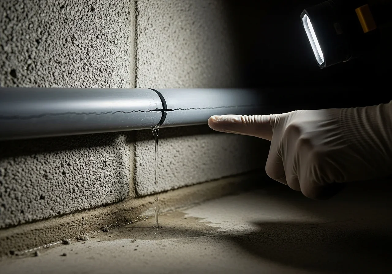 Failed polybutylene plumbing pipe with visible micro-cracks leaking water in a Tamarac FL CBS home