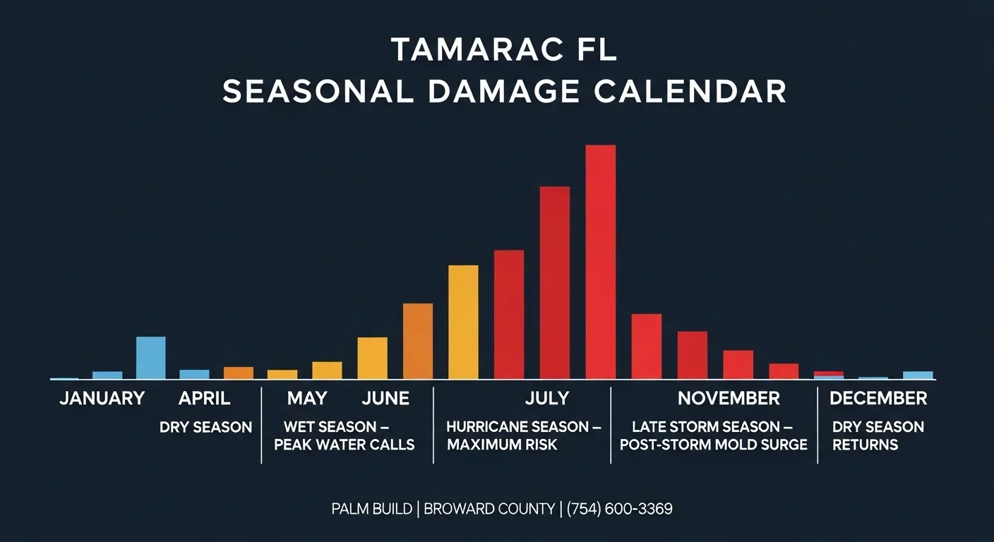 Seasonal storm damage calendar showing hurricane risk timeline for Tamarac FL homeowners by month