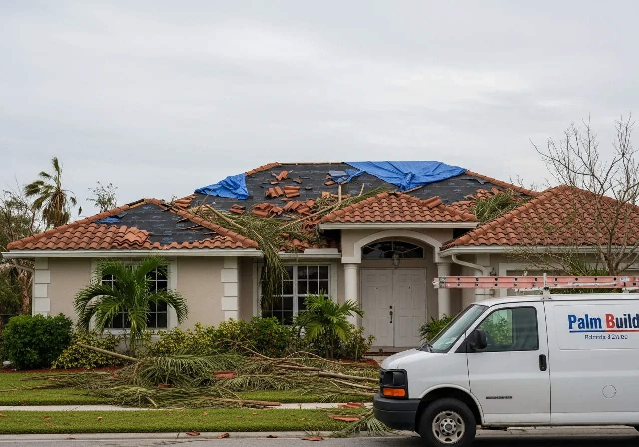 Barrel tile roof damage on a Tamarac FL stucco home after tropical storm with displaced tiles
