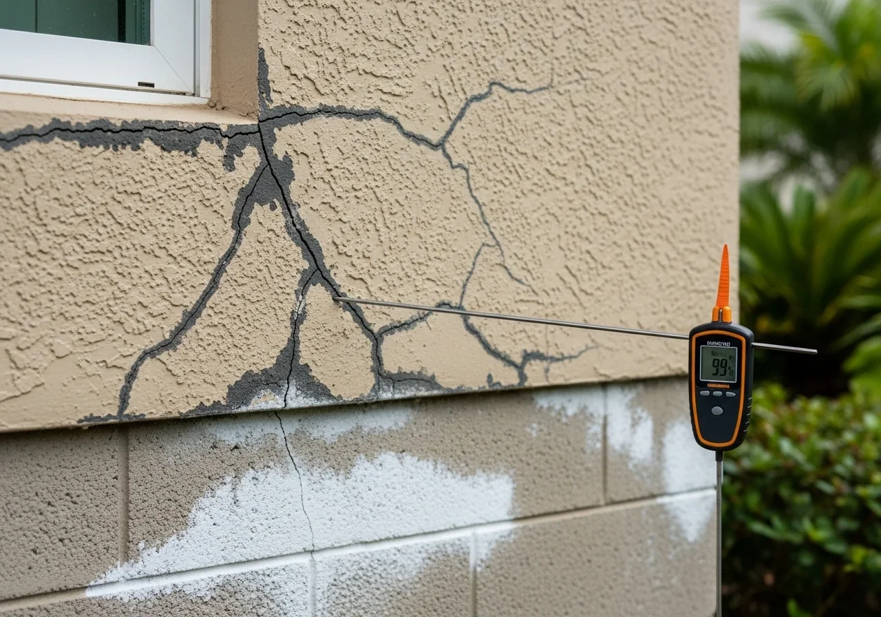Freshwater intrusion at a stucco crack on a CBS home in Tamarac Florida showing moisture seeping through aging stucco into wall cavity