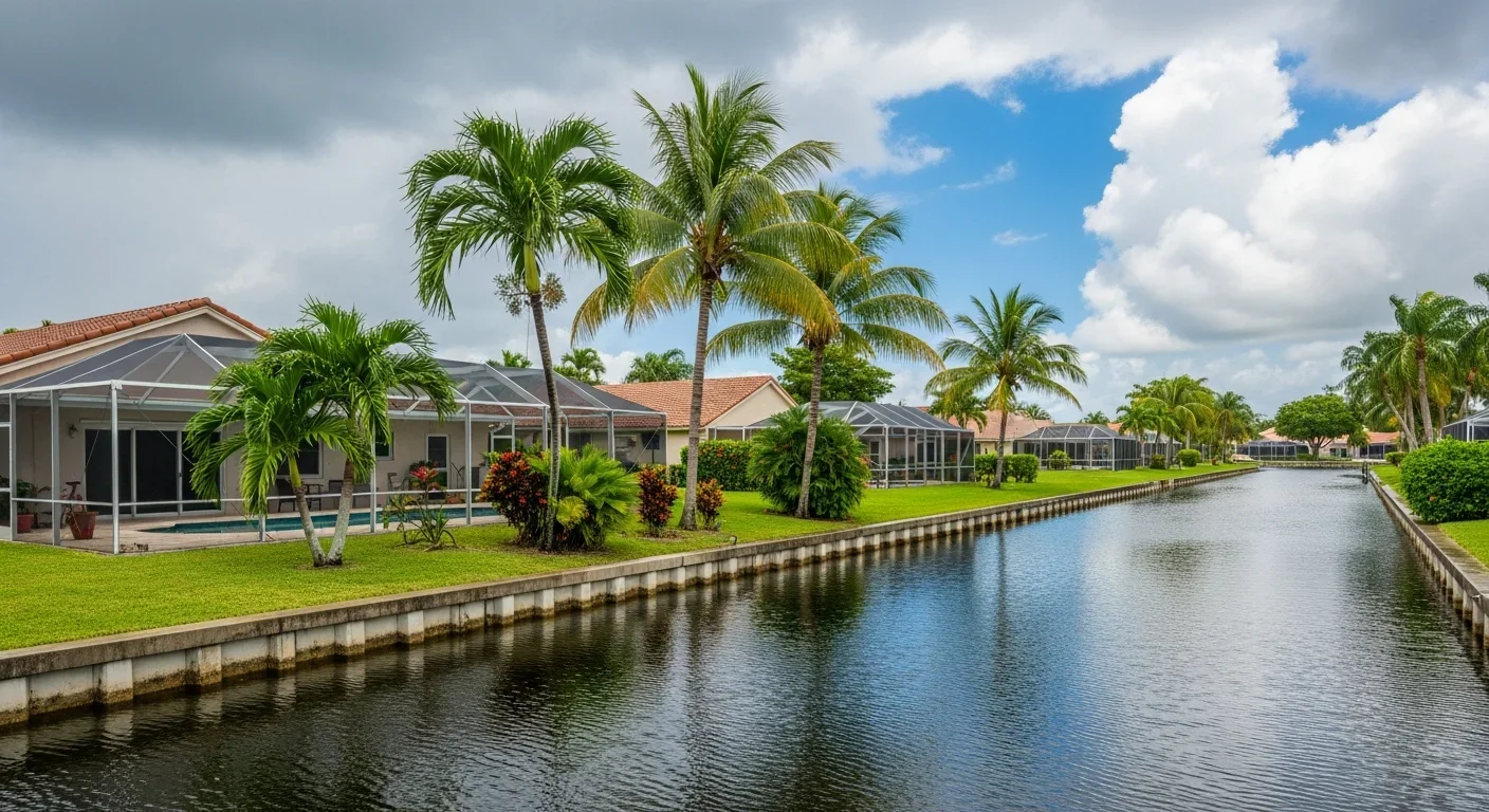 Canal at near-capacity water level behind CBS stucco homes in Tamarac FL during wet season demonstrating inland flooding risk