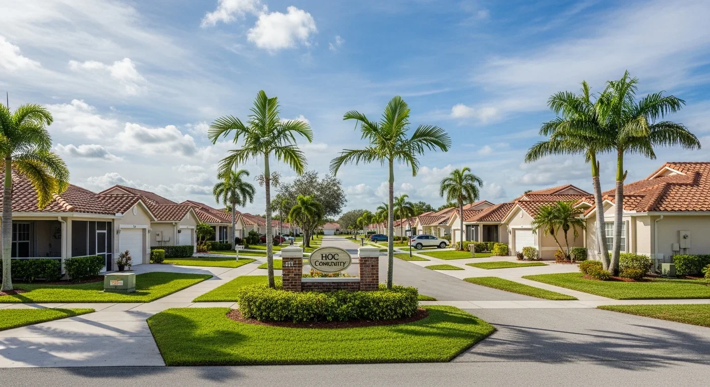 Aerial view of Kings Point 55+ condo community in Tamarac, Florida showing low-rise multi-unit buildings with HOA governance and canal landscaping