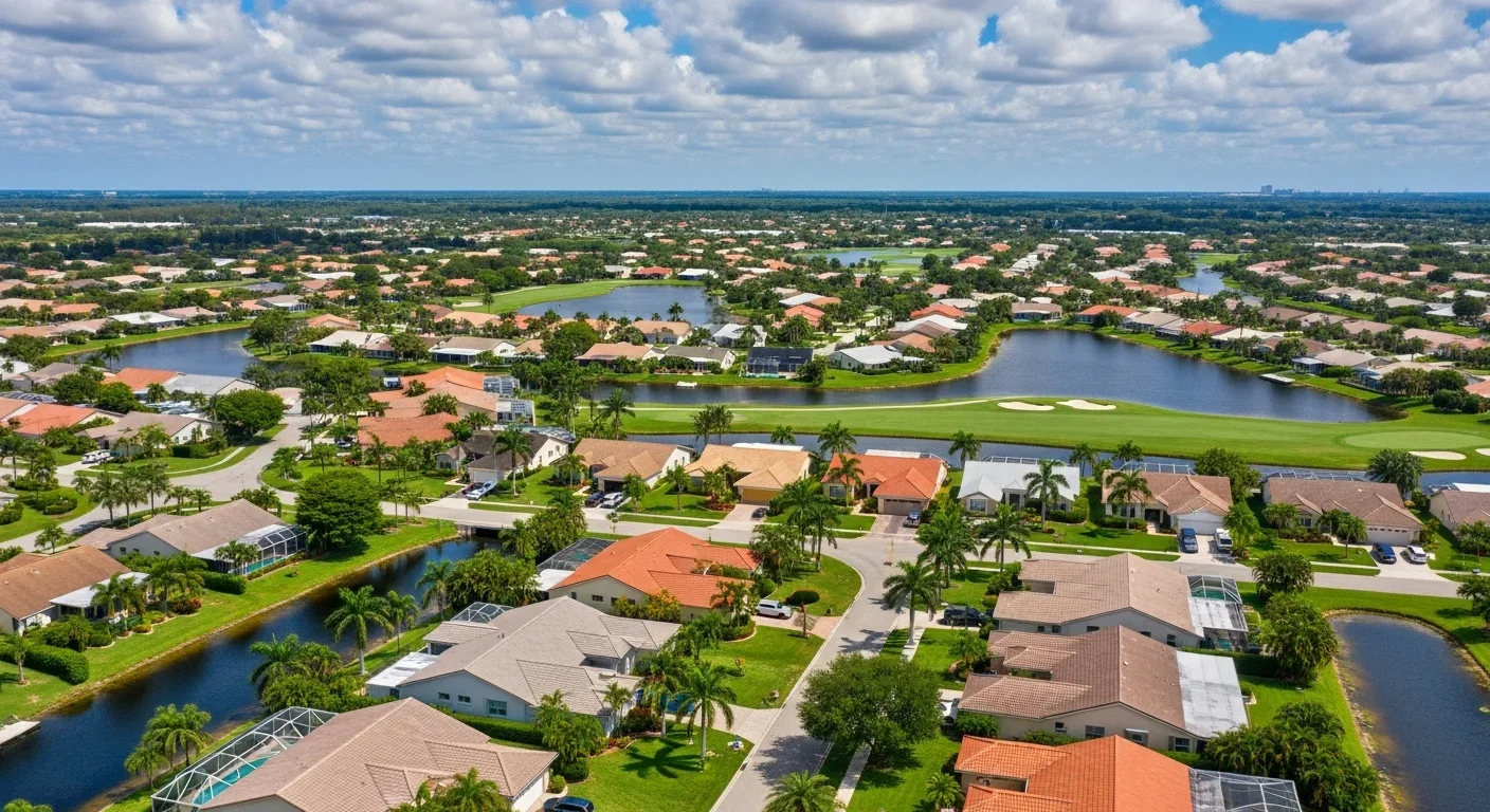 Aerial view of Tamarac FL showing the canal network, master-planned neighborhoods, and CBS construction typical of central Broward County