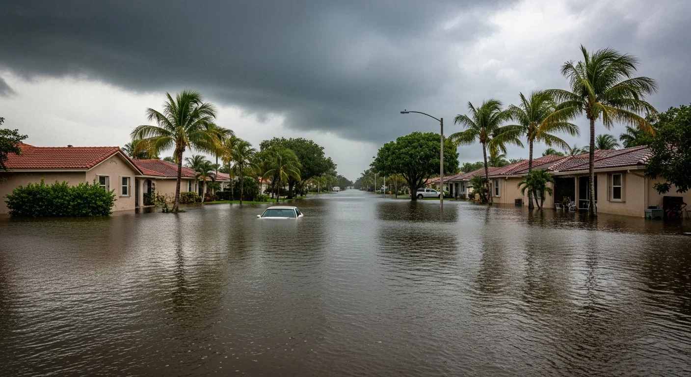 Post-storm flooding on a Tamarac FL residential street with water surrounding CBS stucco homes after extreme rainfall overwhelmed the C-11 canal network