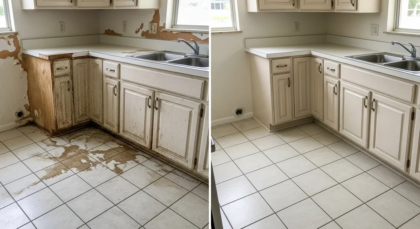 Before and after kitchen reconstruction at a Tamarac FL property showing CBS block repair, moisture barrier installation, and finished cabinetry