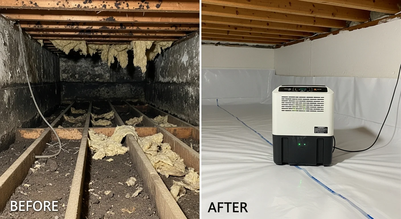 Before and after mold remediation in a Tega Cay SC crawl space showing clean treated joists