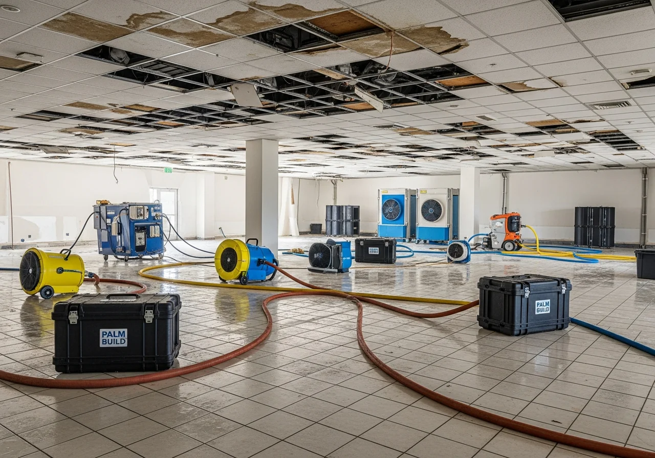 Commercial property in Tega Cay SC undergoing professional restoration with Palm Build equipment and containment barriers near Gold Hill Road business corridor