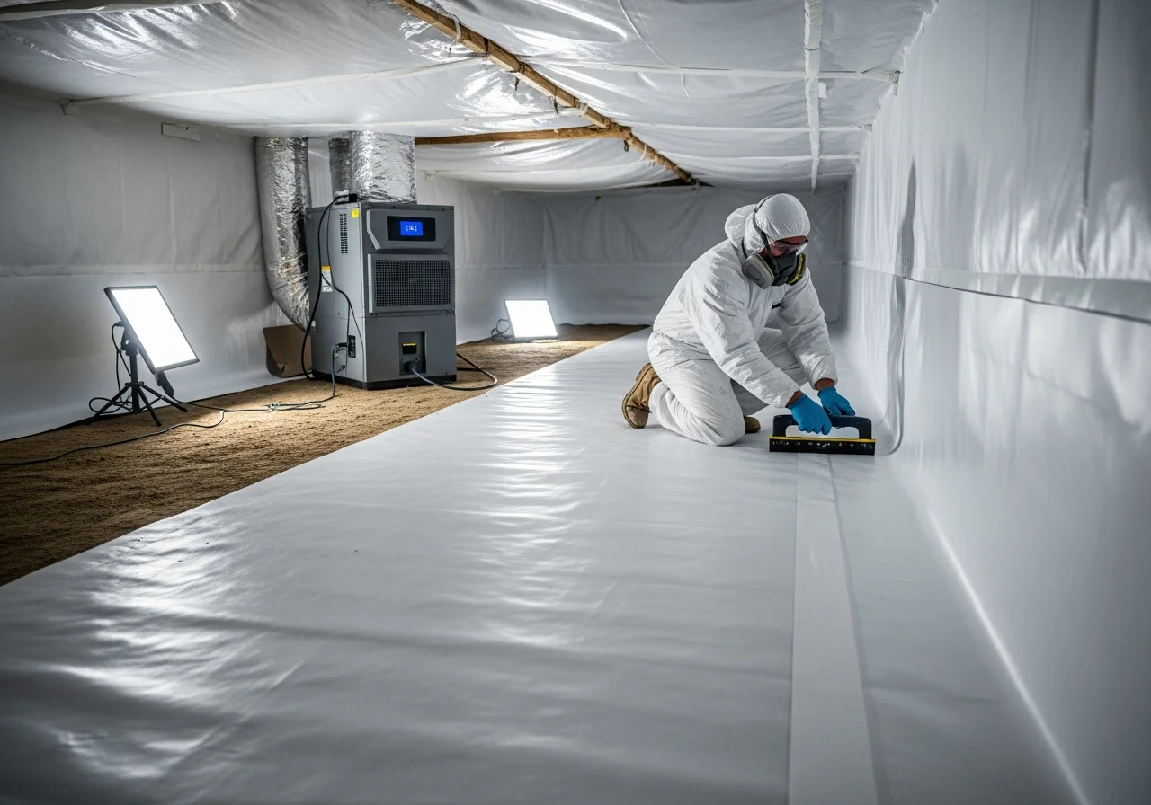 Completed crawl space encapsulation with vapor barrier and dehumidifier in a Tega Cay SC home near Lake Wylie