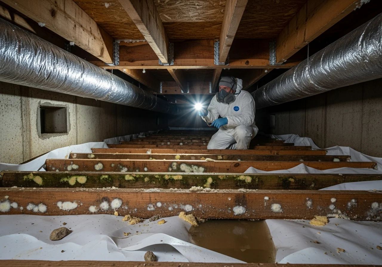 Palm Build IICRC-certified technician inspecting moisture damage and mold growth in a vented crawl space beneath a Tega Cay SC home near Lake Wylie
