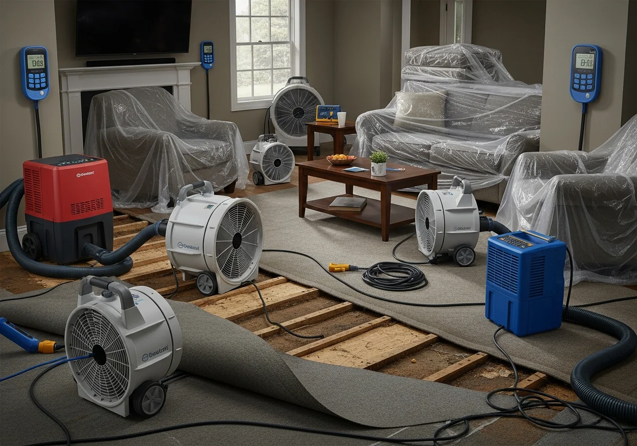 Commercial LGR dehumidifiers and high-velocity air movers deployed in a Tega Cay SC home during active structural drying after water damage event