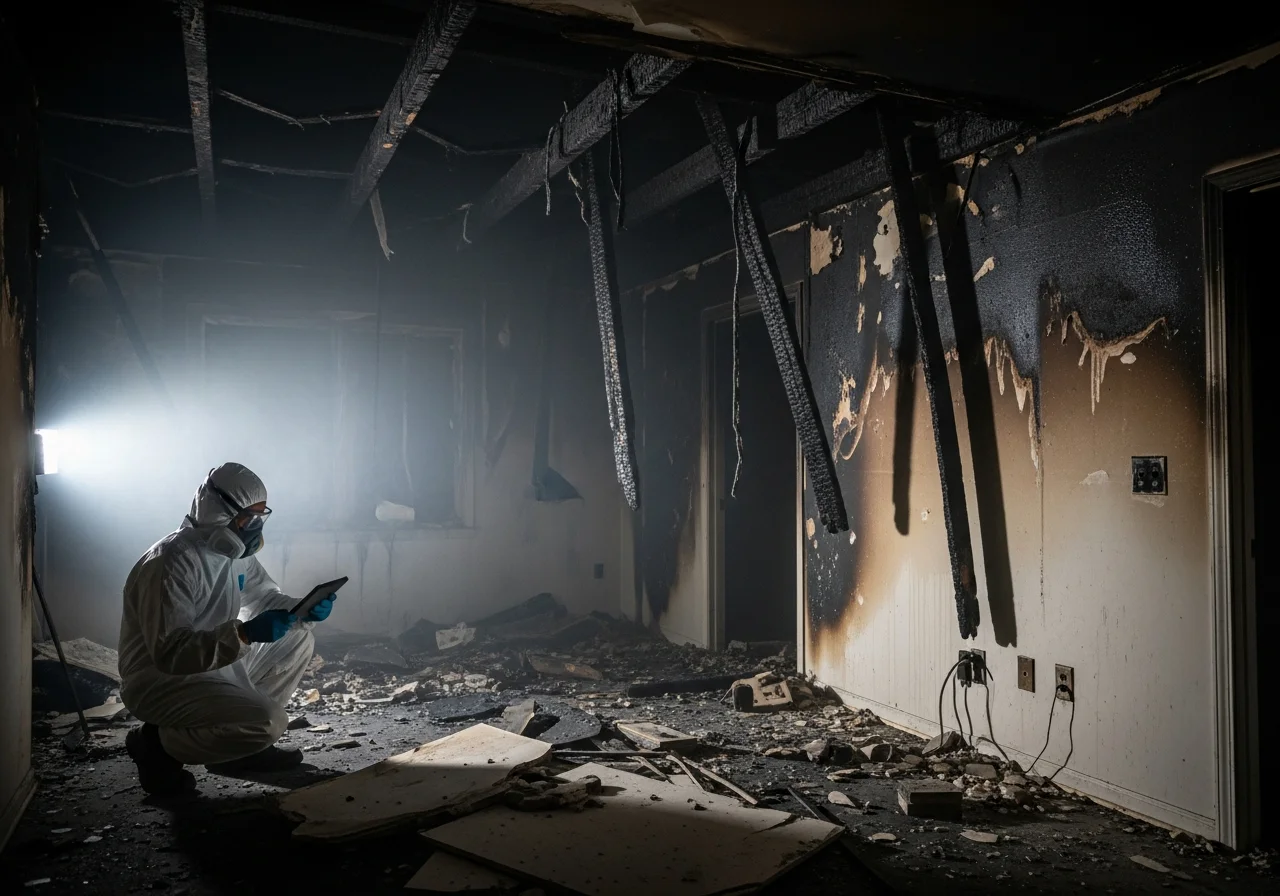 Fire and smoke damage restoration in progress at a Tega Cay SC residential home with Palm Build technicians