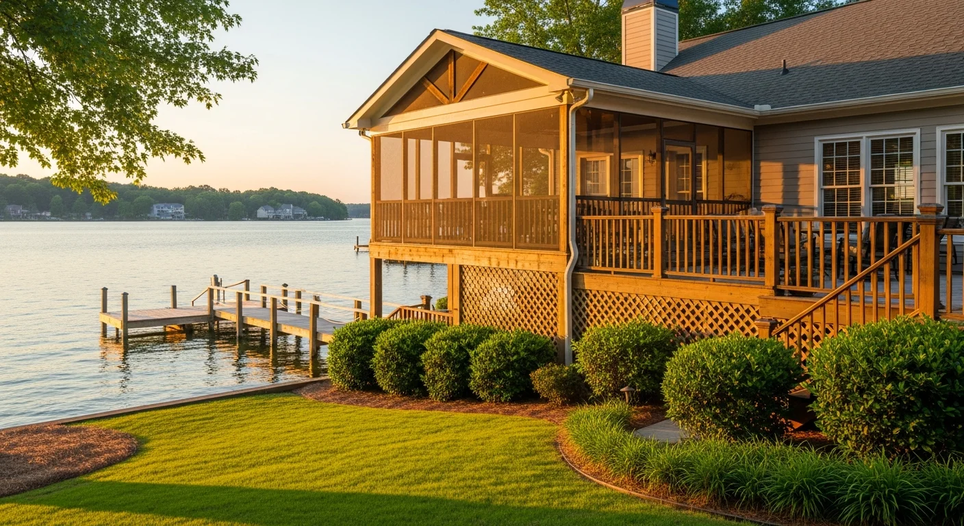 Lake Wylie waterfront view from Tega Cay SC peninsula showing residential homes along the shoreline with lake surface generating humidity that affects structural moisture in nearby properties