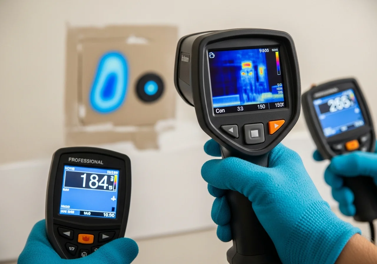 Palm Build technician using infrared thermal imaging camera to detect hidden moisture behind drywall in a Tega Cay SC home during water damage assessment