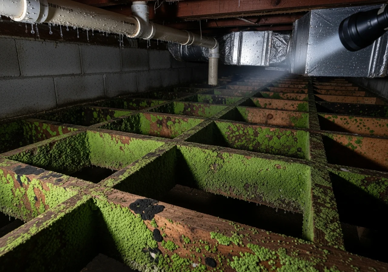Close-up of mold growth on floor joists inside a Tega Cay SC crawl space before remediation