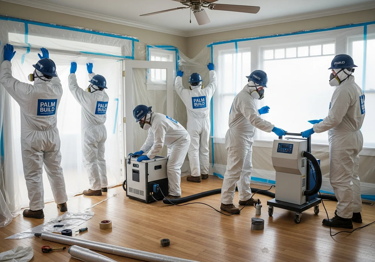 Palm Build mold remediation crew setting up HEPA containment in a Tega Cay SC home near Lake Wylie