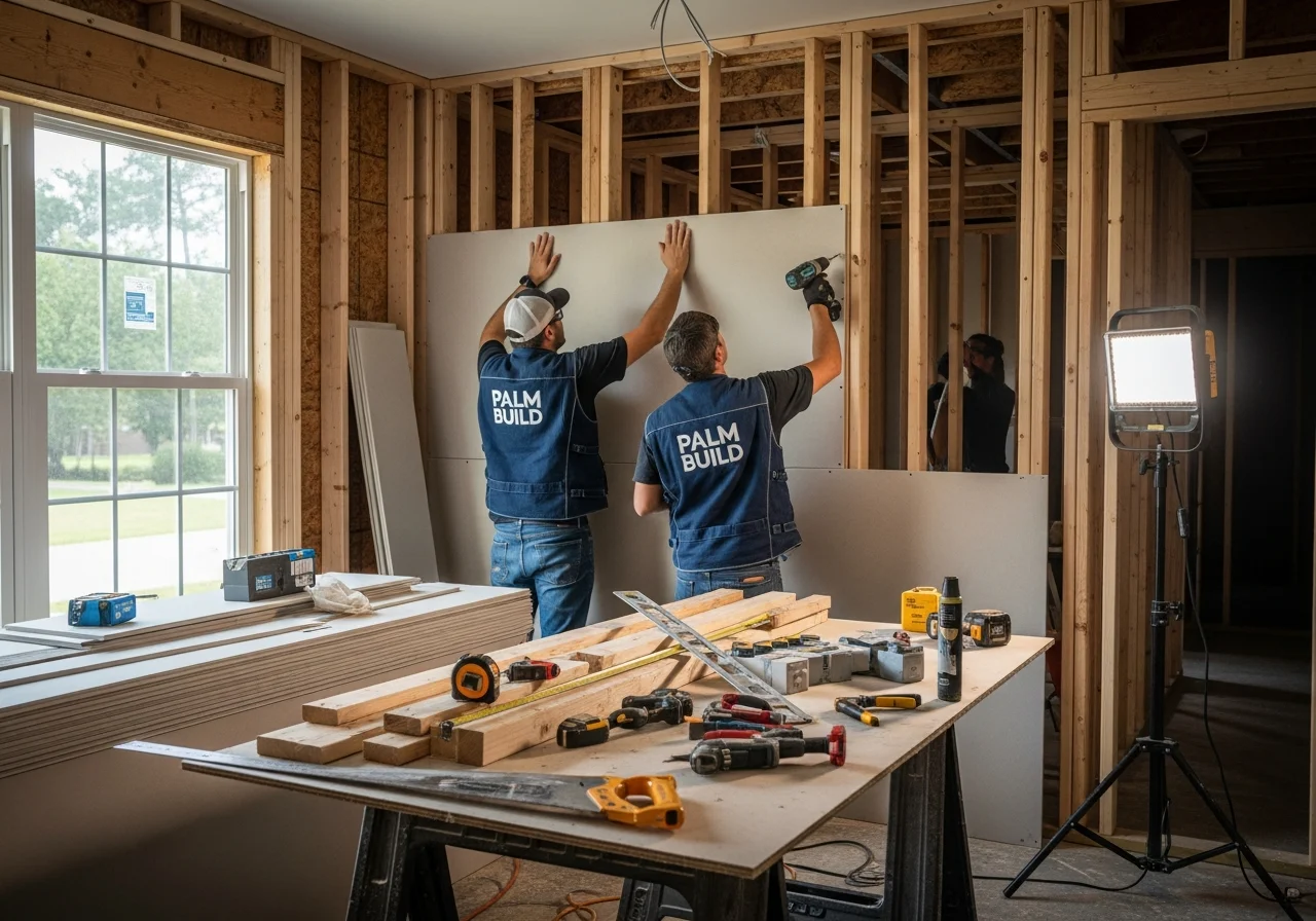 Palm Build reconstruction work in progress at a storm-damaged Tega Cay SC home