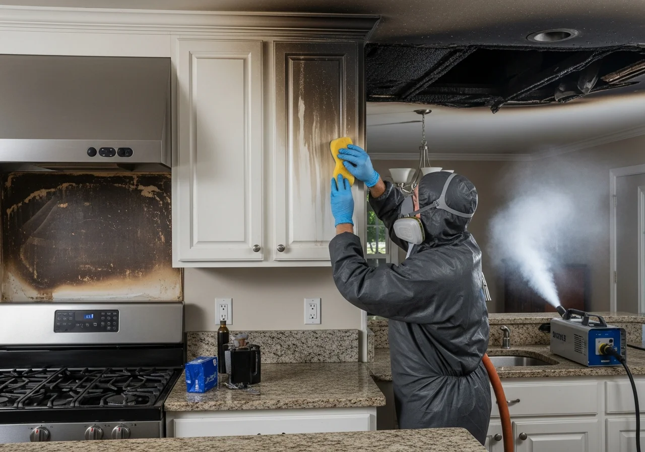 Professional smoke and soot cleanup in a Tega Cay SC kitchen after a contained fire