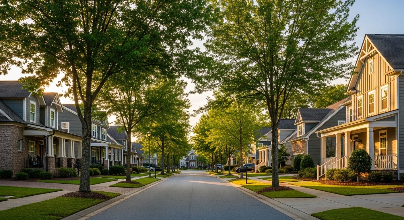 Typical Tega Cay SC streetscape showing premium homes where rebuilds must match community standards