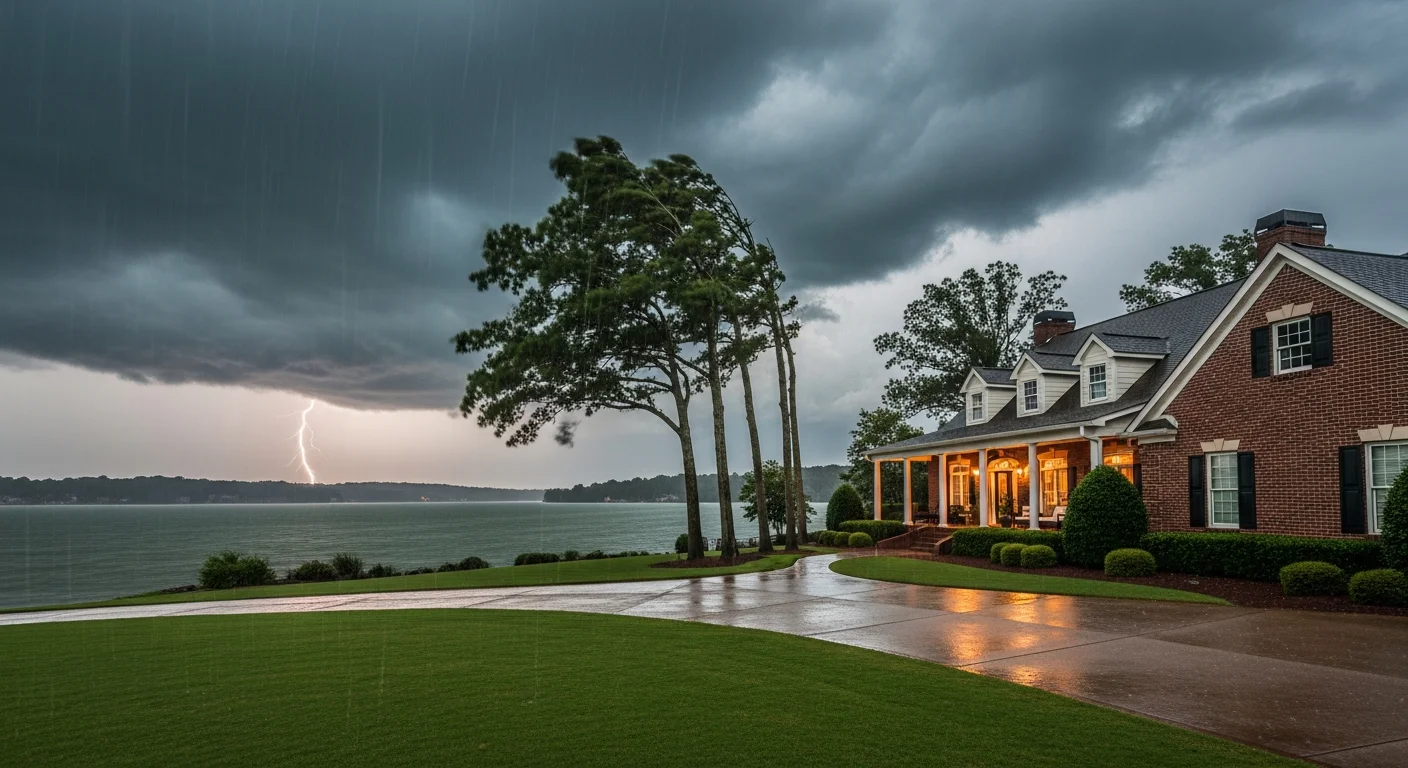 Storm conditions over Lake Wylie near Tega Cay SC showing dark clouds and rough water during severe weather