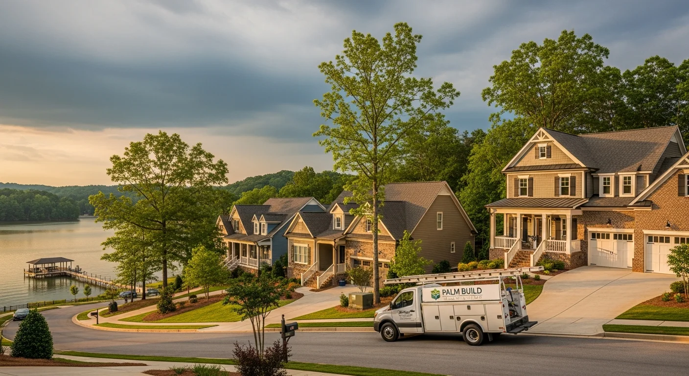 Palm Build restoration truck at a Tega Cay, South Carolina craftsman-style home near Lake Wylie after a rainstorm with mature trees and lake visible