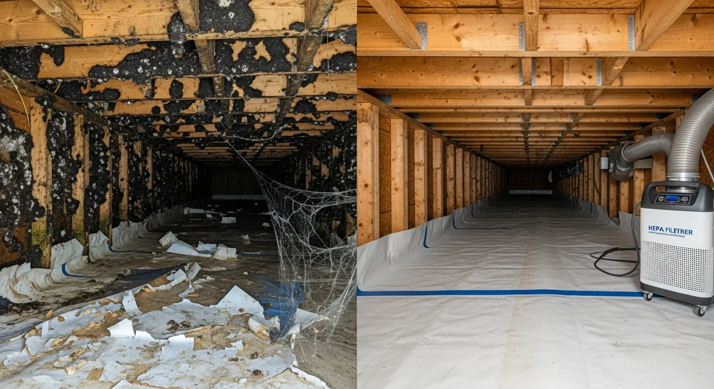 Before and after mold remediation in Valdese NC crawl space showing clean framing after Palm Build treatment