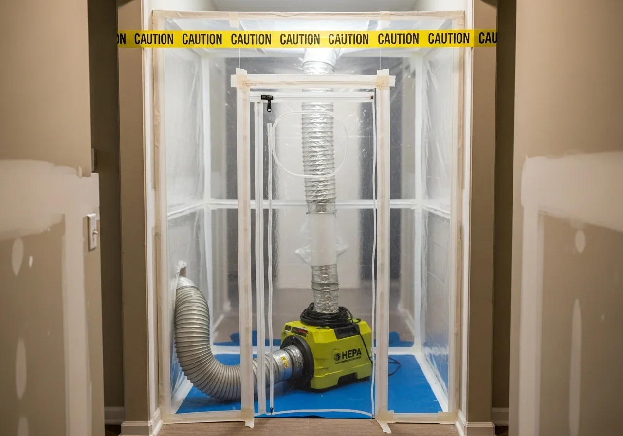 IICRC S520 mold remediation containment setup in Valdese NC home with polyethylene barriers and negative air machine