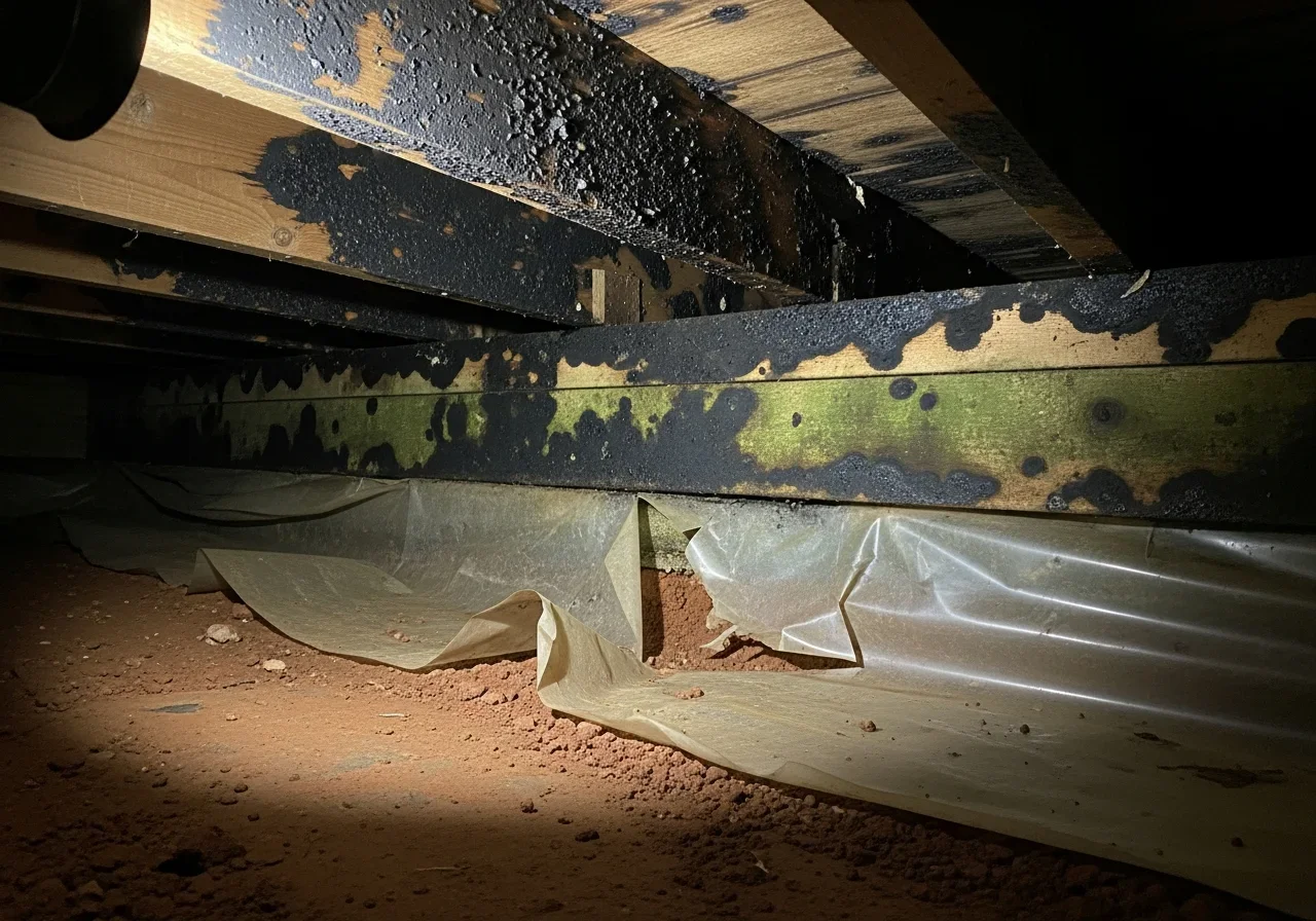 Mold growth on wood framing joists in crawl space of older Valdese NC home with Burke County clay soil moisture