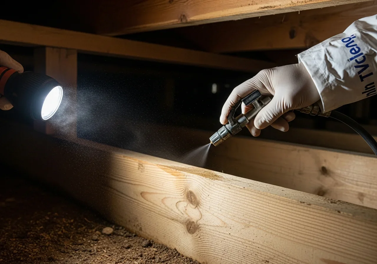 Palm Build technician applying antimicrobial treatment to wood framing in Valdese NC crawl space after mold remediation