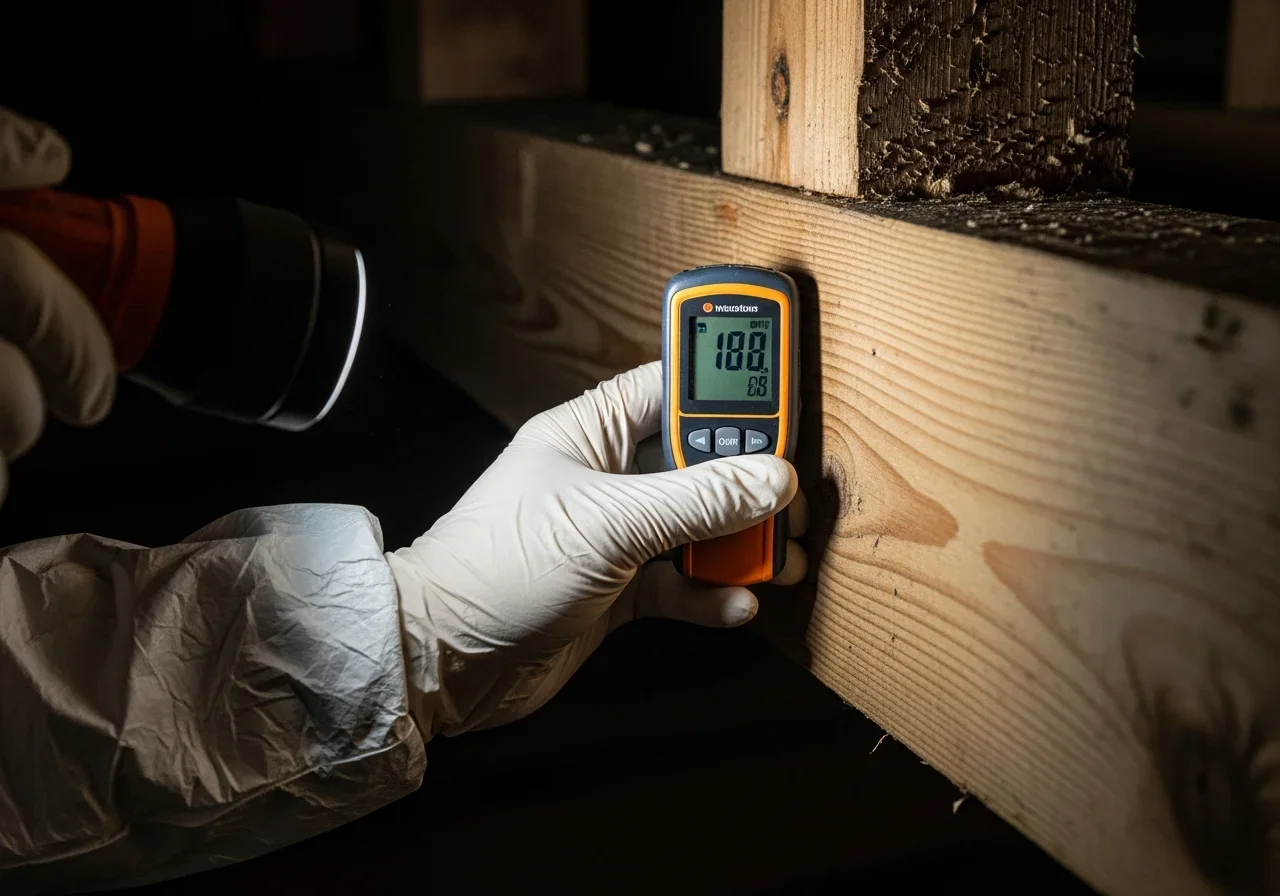 IICRC-certified Palm Build technician inspecting crawl space mold in Burke County NC home with moisture meter