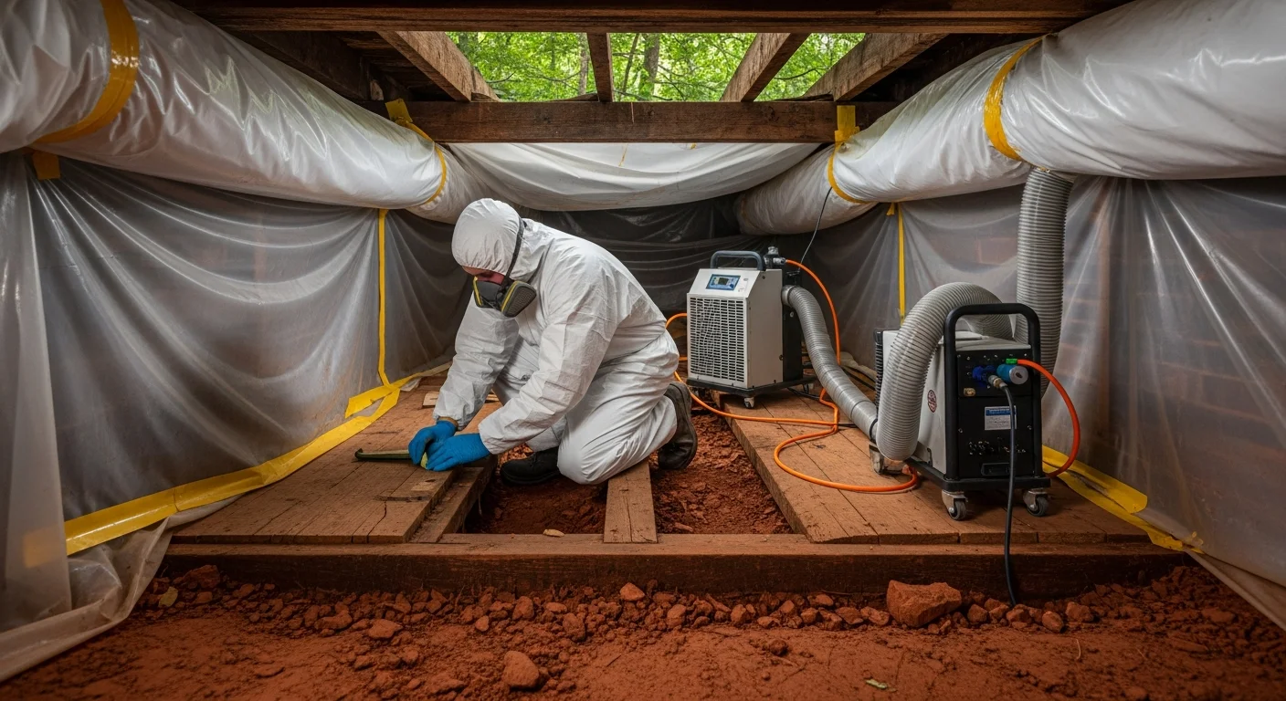 IICRC-certified Palm Build mold remediation technician in Tyvek suit working in crawl space of older brick ranch home in Valdese NC Burke County foothills