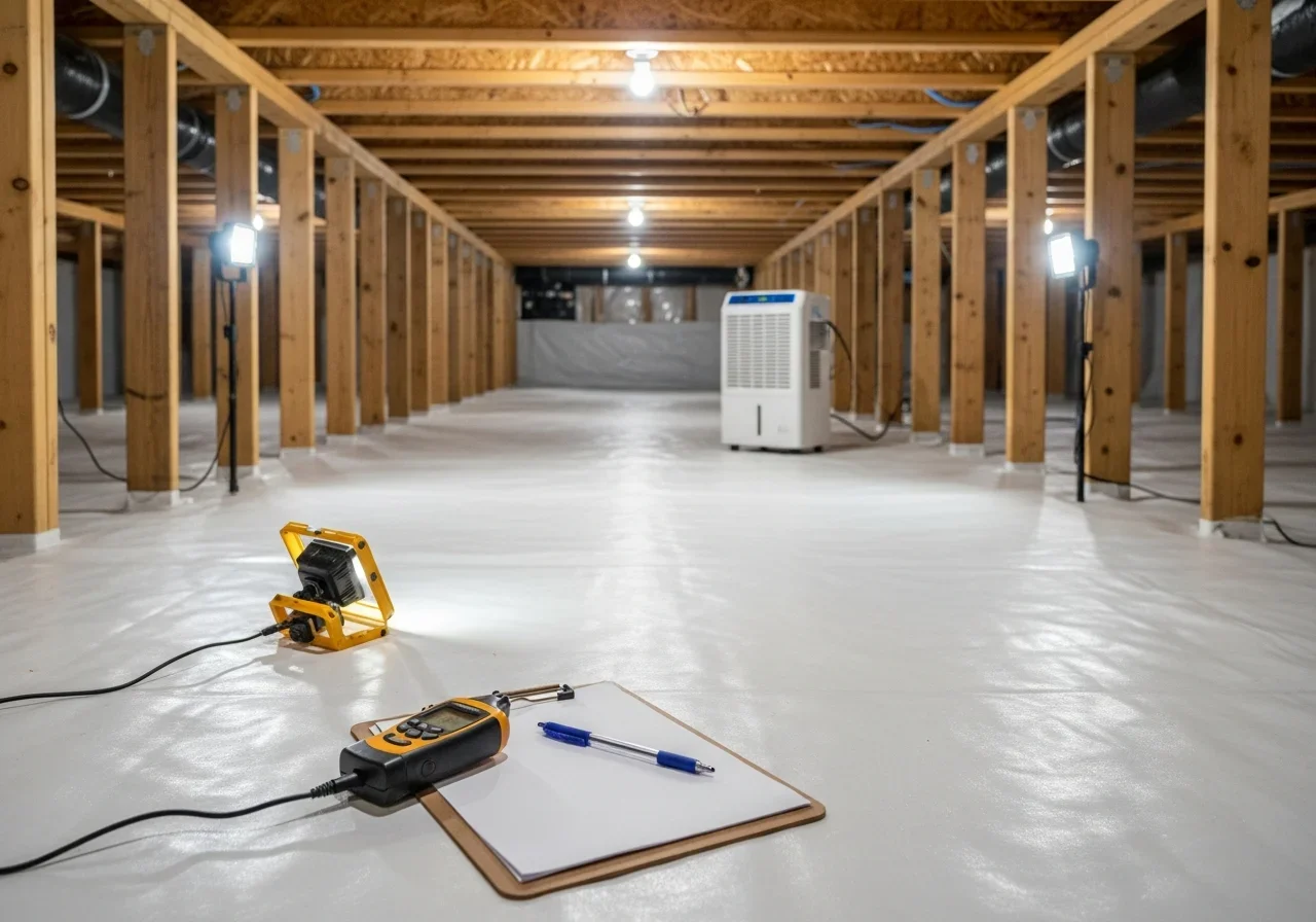 Clean remediated crawl space in Valdese NC home ready for post-clearance testing with fresh vapor barrier and dried framing