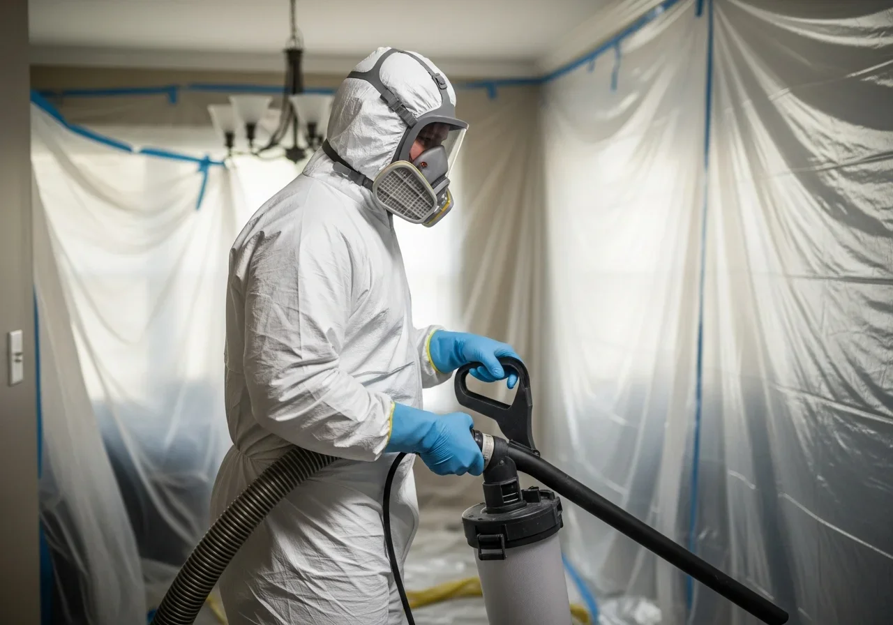Palm Build IICRC-certified mold remediation technician in full PPE in Valdese NC Burke County home
