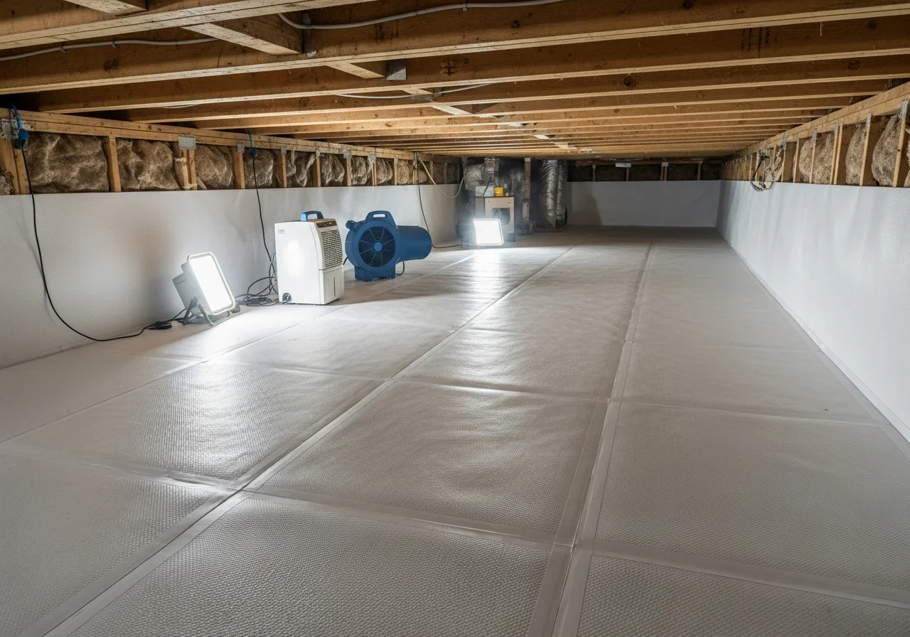 Restored crawl space in Valdese NC home with new vapor barrier and dried framing after Palm Build restoration