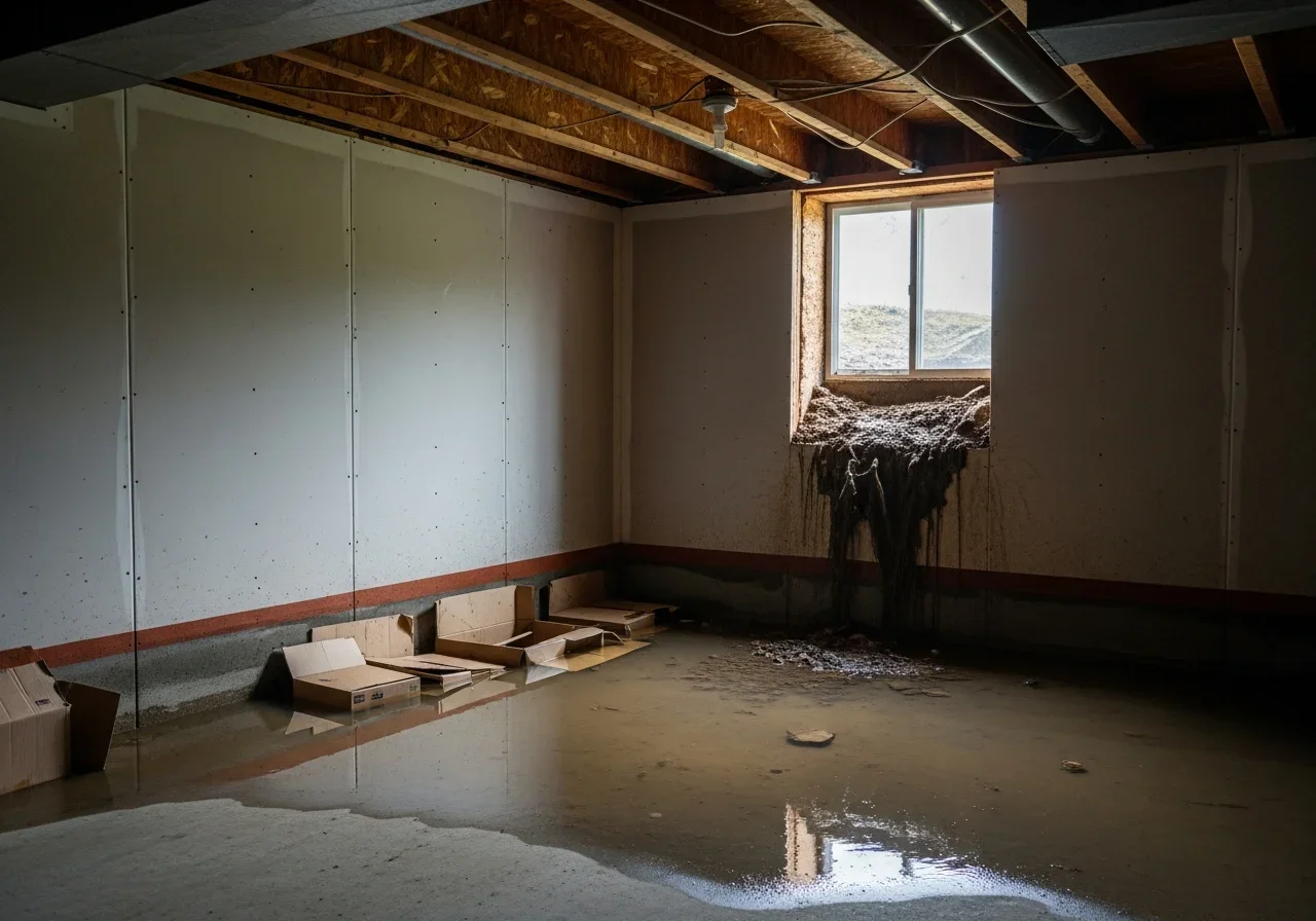 Flooded daylight basement in Valdese NC foothills home with water intrusion from slope drainage