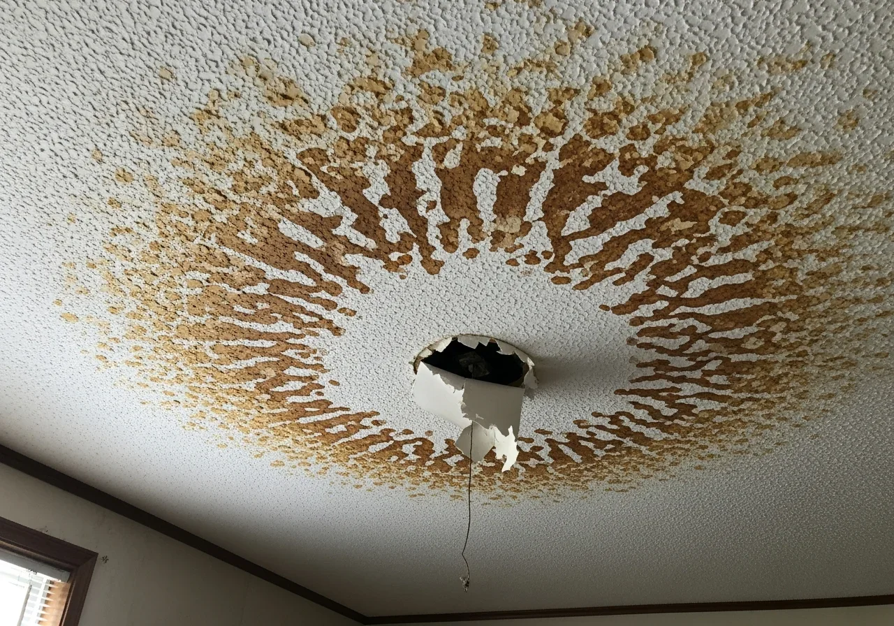 Water stained ceiling and damaged drywall in Valdese NC home from upstairs bathroom leak