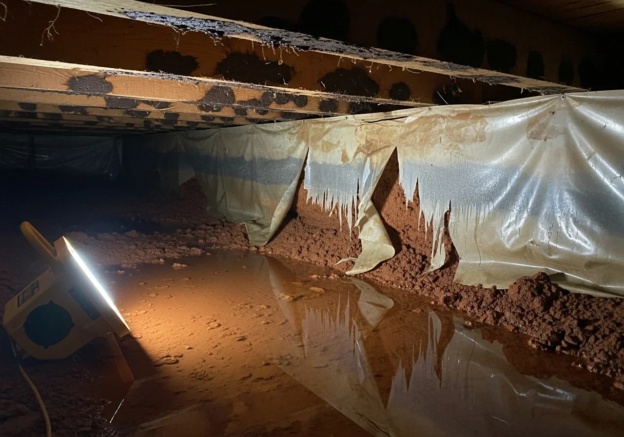 Water-saturated crawl space in older Burke County home with standing moisture and deteriorated vapor barrier
