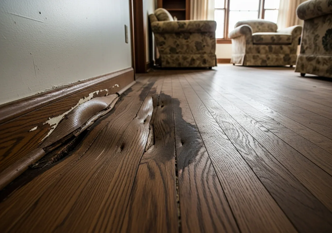 Buckled and stained hardwood floors in Valdese NC home from supply line leak water damage