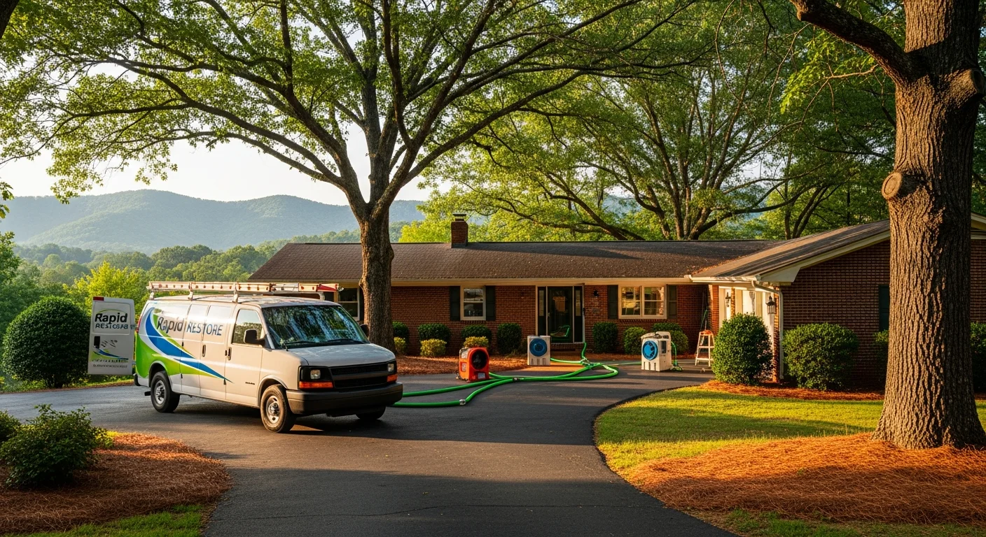 Palm Build restoration van in driveway of brick ranch home in Valdese NC with mature hardwood trees and red clay soil in Burke County foothills